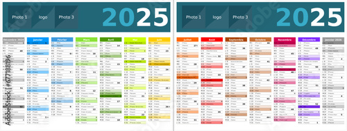 Calendrier 2025 14 mois au format 320 x 420 mm recto verso entièrement modifiable via calques et texte sans serif