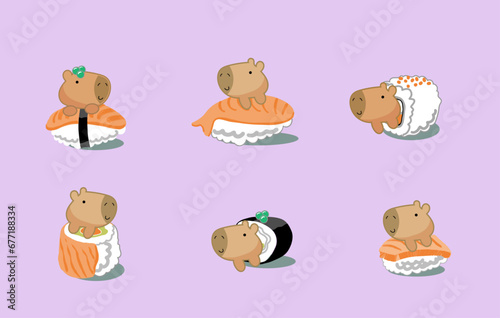 Draw collection kawaii sushi cute capybara. Doodle cartoon style