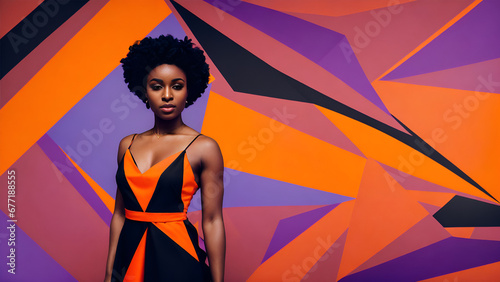 Woman in orange and black dress posing on an abstract triangles background