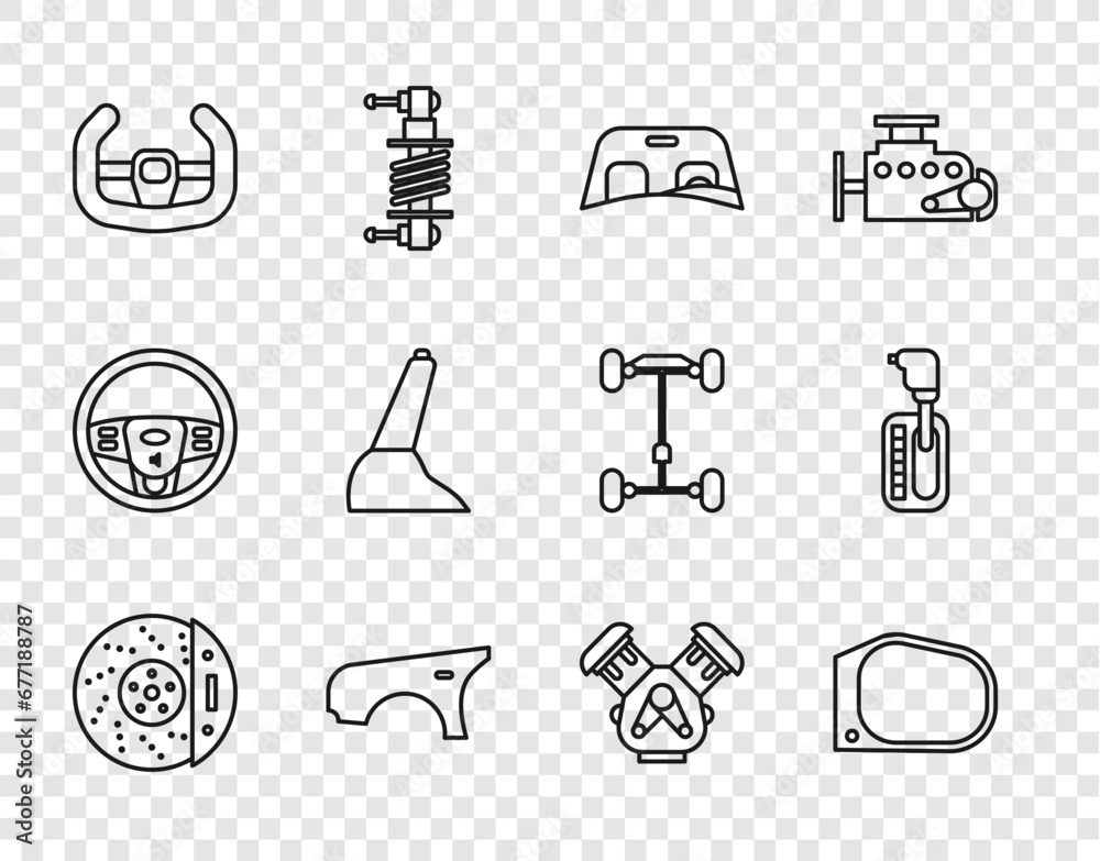 Set line Car brake disk with caliper, mirror, windscreen, fender, Sport steering wheel, handbrake, engine and Gear shifter icon. Vector Set line Car brake disk with caliper, mirror, windscreen, fender, Sport steering wheel, handbrake, engine and Gear shifter icon. Vector