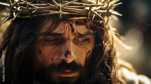 Jesus experiences pain while wearing crown of thorns. Jesus led to suffering through scourging with torment of crown of thorns. Jesus bowed head as savior endures great pain with scourging world