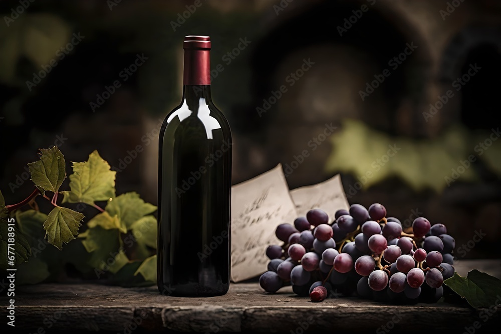 wine bottle presentation , old french castle and vineyard background , grape and vine 