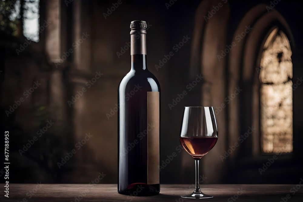 wine bottle presentation , old french castle and vineyard background
