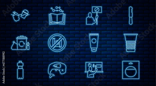 Set line Battery in pack, Paper glass, Nature saving protest, Say no to plastic bags poster, Recycle bin with recycle, Problem pollution of the ocean, Cream cosmetic tube and Open book icon. Vector