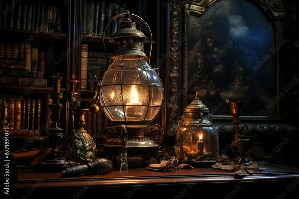 Vintage Oil Lamp in Victorian Study - obrazy, fototapety, plakaty 