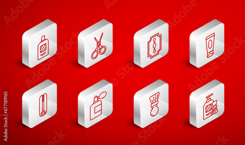 Set line Shaving gel foam and brush, Scissors hairdresser, Blade razor, Cream lotion cosmetic tube, Bottle of shampoo, Aftershave bottle with atomizer and Curling iron for icon. Vector