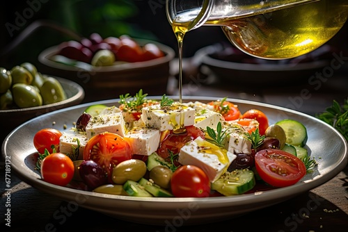 Olive Oil on Greek Salad photo