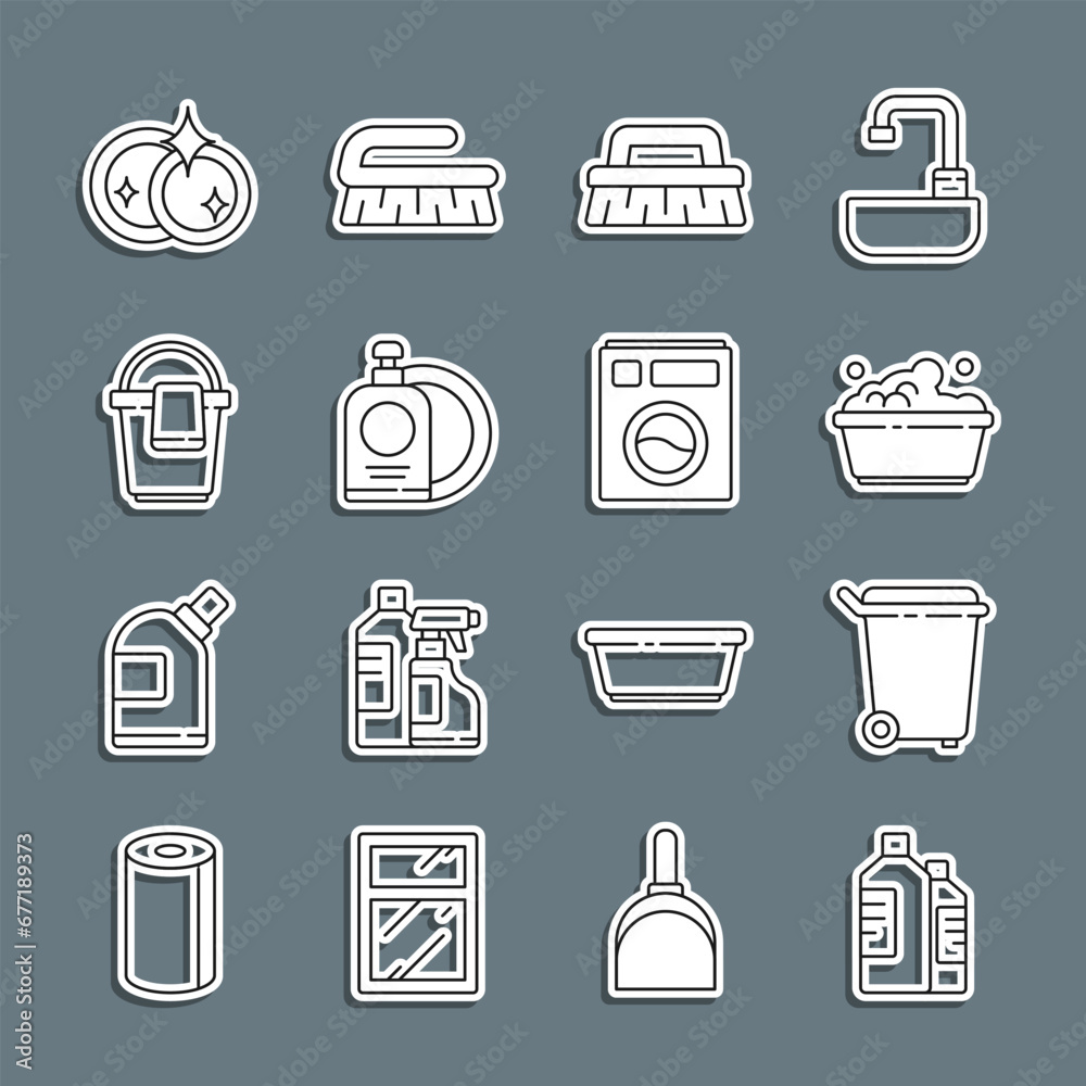 Set line Bottles for cleaning agent, Trash can, Plastic basin with soap suds, Brush, Dishwashing liquid bottle and plate, Bucket rag, Washing dishes and Washer icon. Vector Set line Bottles for cleaning agent, Trash can, Plastic basin with soap suds, Brush, Dishwashing liquid bottle and plate, Bucket rag, Washing dishes and Washer icon. Vector