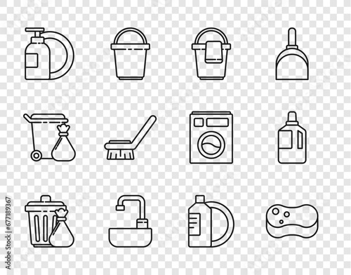 Set line Trash can and garbage bag, Sponge, Bucket with rag, Washbasin water tap, Dishwashing liquid bottle plate, Brush for cleaning, and Fabric softener icon. Vector