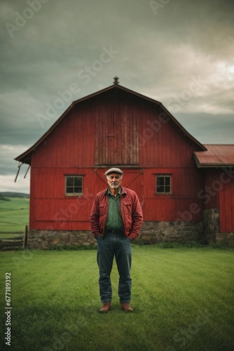 A senior farmer standing near a barn in a beautiful green mountainous area © liliyabatyrova