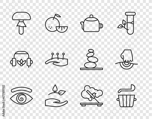 Set line Hypnosis, Sauna bucket and ladle, Kettle with handle, Leaf in, Mushroom, Acupuncture therapy, Scented spa stick and Massage icon. Vector
