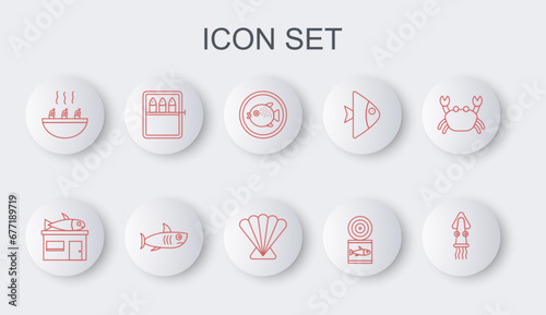 Set line Octopus, Seafood store, Puffer fish on plate, Canned, Soup with shrimps, Shark and Scallop sea shell icon. Vector