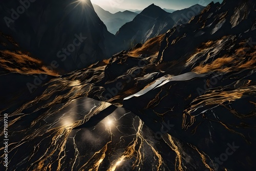 surreal black and gold marble mountain , wide angle panoramic landscape