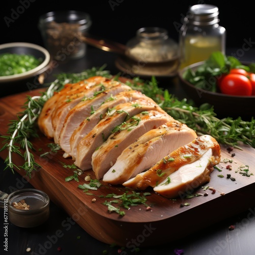 Marinated grilled healthy chicken breasts, served with fresh herbs and souse on a wooden board, close up view