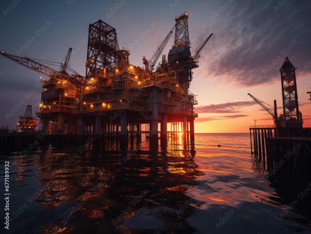 Offshore Oilfield at Sunset