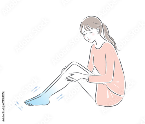 寒さ・冷え性で足先が震える若い女性のイラスト