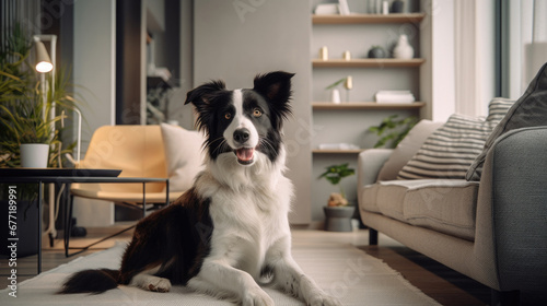 Portrait of a Border Collie dog in an apartment, home interior, love and care, maintenance Cheerful