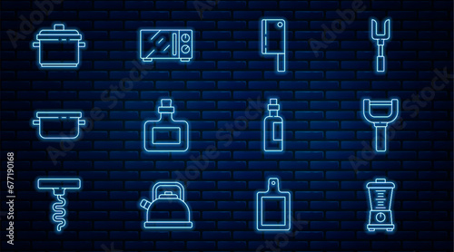 Set line Blender, Peeler, Meat chopper, Sauce bottle, Cooking pot, Bottle of olive oil and Microwave oven icon. Vector