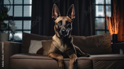 Portrait of a Malinois dog in an apartment, home interior, love and care, maintenance. business