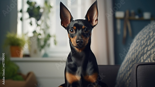 Portrait of a miniature pinscher dog in an apartment, home interior, love and care, maintenance. Long eared photo