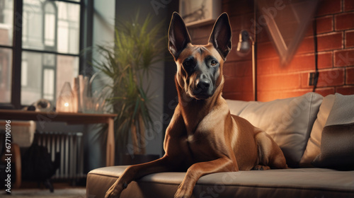 Portrait of a Malinois dog in an apartment, home interior, love and care, maintenance. Looks