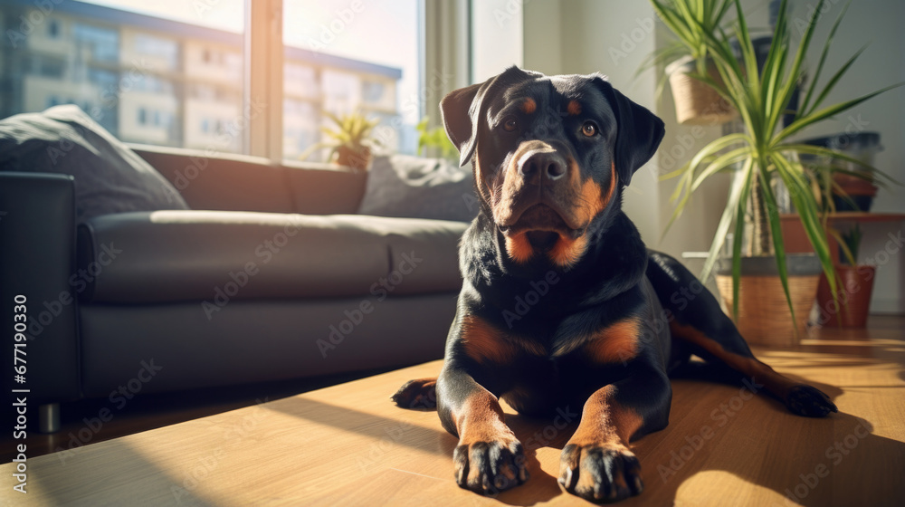 Portrait of a rottweiler dog in an apartment, home interior, love and care, maintenance. plant