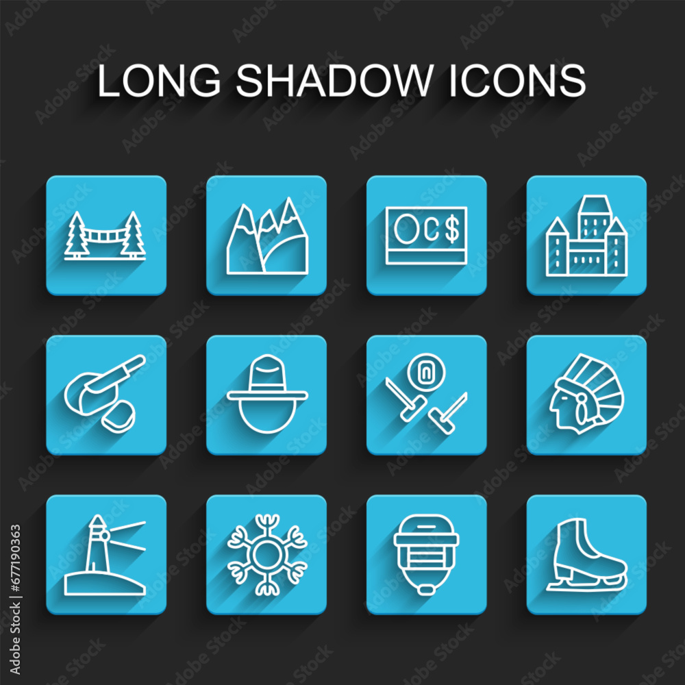 Set line Lighthouse, Snowflake, Capilano Suspension Bridge, Hockey helmet, Skates, Canadian ranger hat, Native American Indian and Curling sport game icon. Vector Set line Lighthouse, Snowflake, Capilano Suspension Bridge, Hockey helmet, Skates, Canadian ranger hat, Native American Indian and Curling sport game icon. Vector