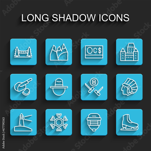 Set line Lighthouse, Snowflake, Capilano Suspension Bridge, Hockey helmet, Skates, Canadian ranger hat, Native American Indian and Curling sport game icon. Vector