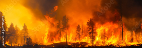 Very large Forest fire with trees on fire, wide photo
