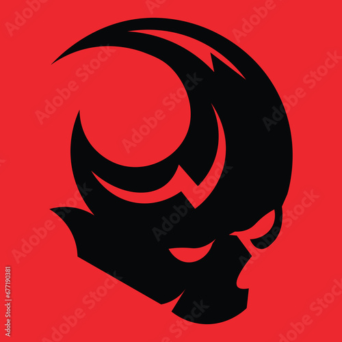 Logo design featuring a black skull with two thunderbolts on a red background.
