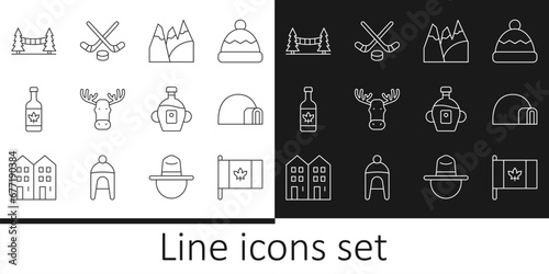 Set line Flag of Canada, Igloo ice house, Mountains, Moose head with horns, Beer bottle, Capilano Suspension Bridge, Maple syrup and Ice hockey sticks and puck icon. Vector photo
