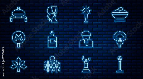 Set line Monument of Independence, Dumplings fork, Mace, Bottle vodka, Metro Underground, Bread and salt, Ukrainian cossack and icon. Vector