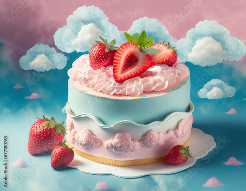 Strawberry cake with surreal sky background