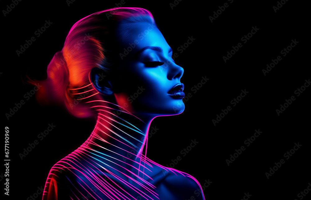 Closeup fashion profile portrait of a woman with neon light painting - obrazy, fototapety, plakaty 