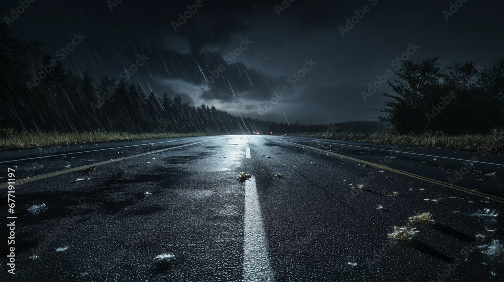 Hailstorm on a deserted highway, hailstones impacting the ground, dark skies