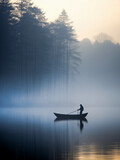 Foggy morning on a tranquil lake, silhouette of a lone fisherman on a boat, mist rising