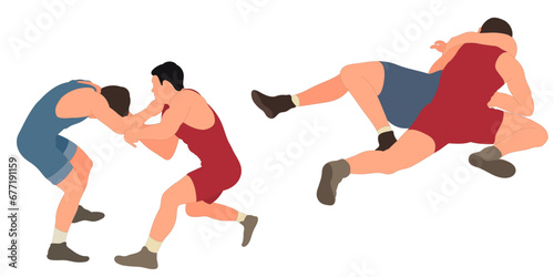 Image of athletes wrestlers in wrestling, fighting. Greco Roman wrestling, fight, combating, struggle, grappling, duel, mixed martial art, sportsmanship