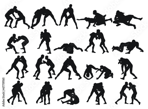 Set of silhouettes athletes wrestler in wrestling, fighting. Greco Roman wrestling, fight, combating, struggle, grappling, duel, mixed martial art, sportsmanship