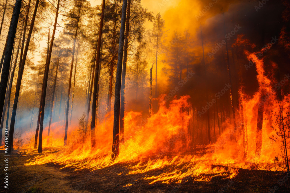 Fototapeta premium Very large Forest fire with trees on fire