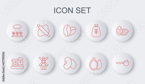 Set line Measuring cup with flour, Farm house, Coffee beans, Pumpkin seeds, Plant sprouts grow the rain, Rolling pin on dough, Windmill and Beans icon. Vector