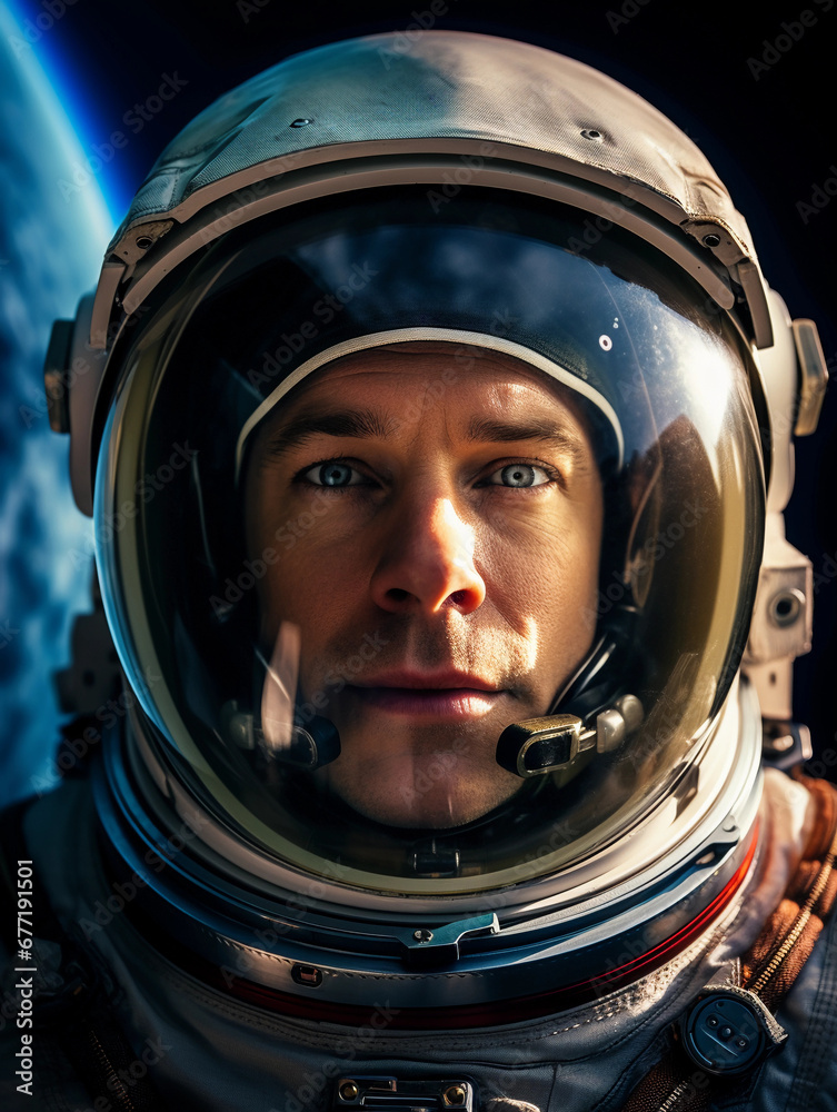 portrait of an astronaut in a space suit, visor up, revealing a focused expression, mid-40s, Caucasian, against the backdrop of the Earth from space portrait of an astronaut in a space suit, visor up, revealing a focused expression, mid-40s, Caucasian, against the backdrop of the Earth from space