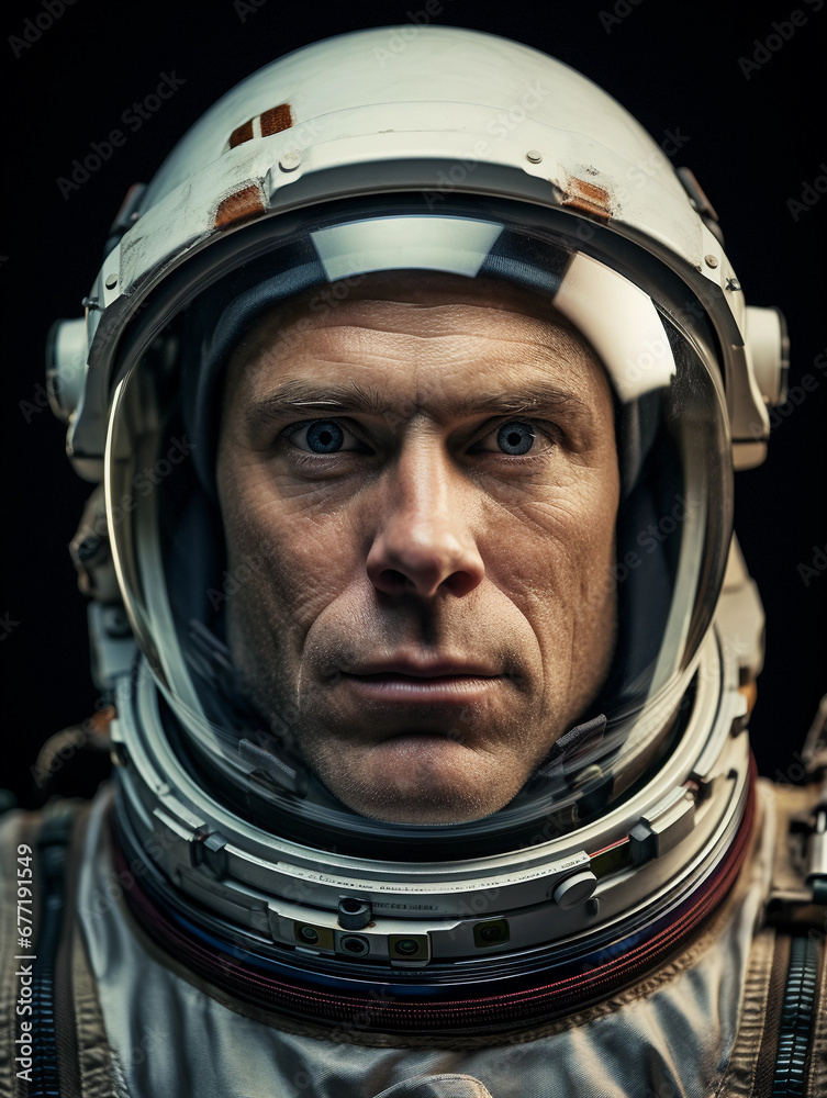 portrait of an astronaut in a space suit, visor up, revealing a focused expression, mid-40s, Caucasian, against the backdrop of the Earth from space portrait of an astronaut in a space suit, visor up, revealing a focused expression, mid-40s, Caucasian, against the backdrop of the Earth from space