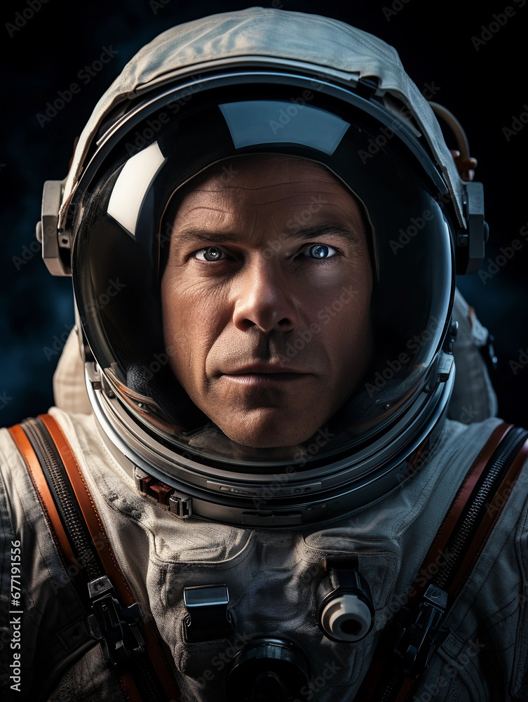 portrait of an astronaut in a space suit, visor up, revealing a focused expression, mid-40s, Caucasian, against the backdrop of the Earth from space portrait of an astronaut in a space suit, visor up, revealing a focused expression, mid-40s, Caucasian, against the backdrop of the Earth from space