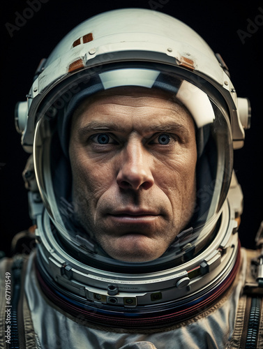 portrait of an astronaut in a space suit, visor up, revealing a focused expression, mid-40s, Caucasian, against the backdrop of the Earth from space