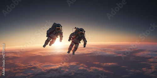 two astronauts, floating in space, tethered to a spacecraft, Earth in the far background photo