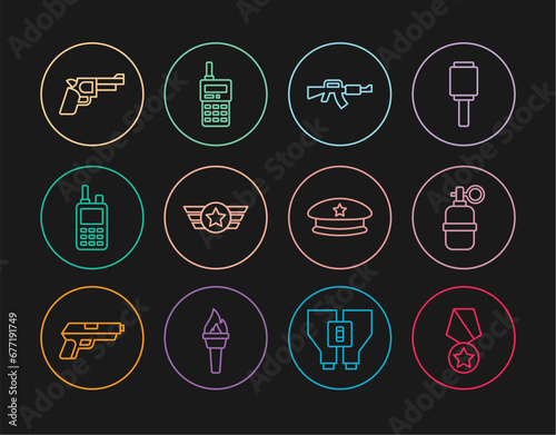 Set line Military reward medal, Hand grenade, M16A1 rifle, Star American military, Walkie talkie, Pistol or gun, beret and icon. Vector