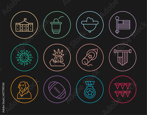 Set line Carnival garland with flags, American, Western cowboy hat, Statue of Liberty, Firework, United States Capitol Congress, and Beer pong game icon. Vector