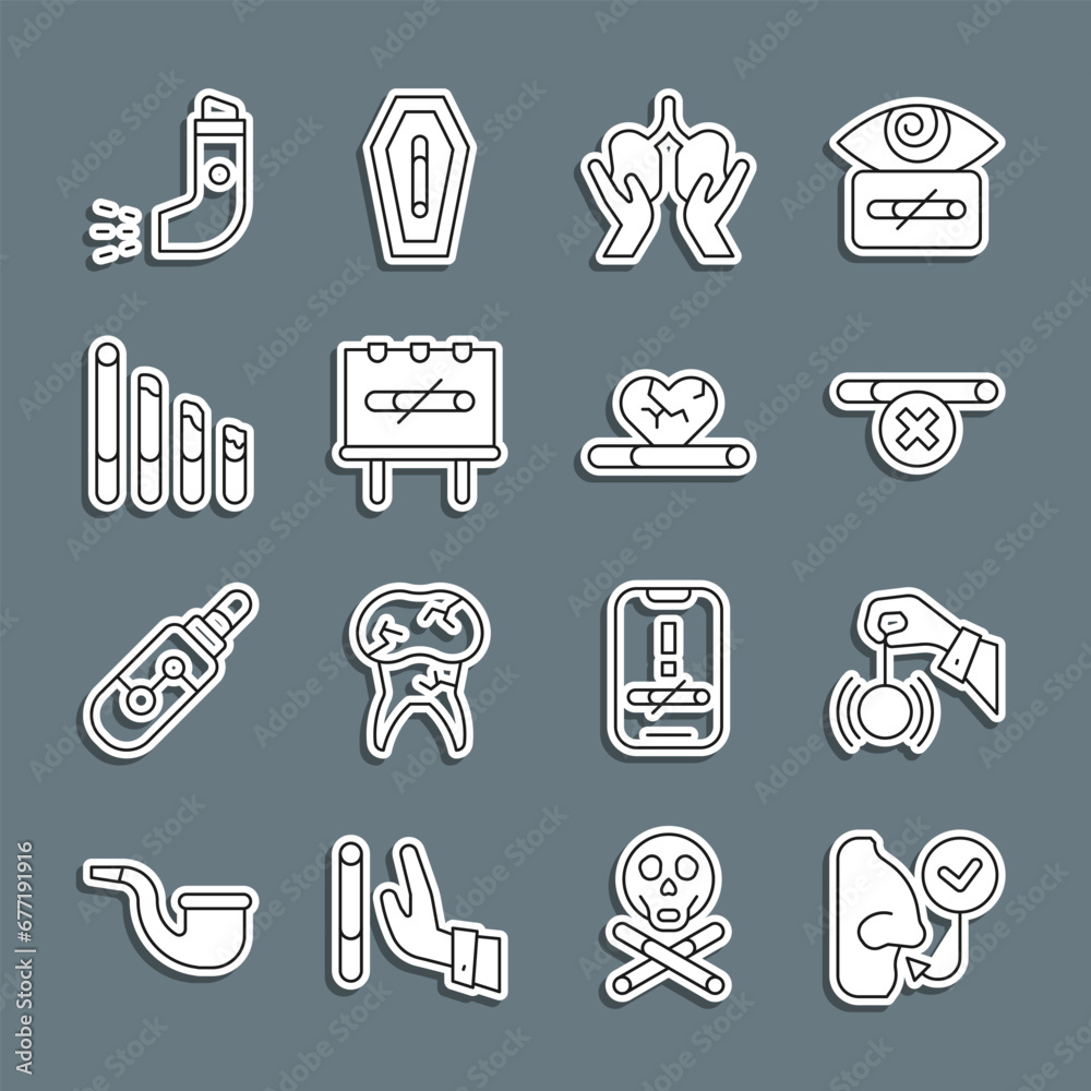 Φωτογραφία Set line Healthy breathing, Hypnosis, No smoking, Lungs, Smoking cigarette, Inhaler and Heart disease with icon