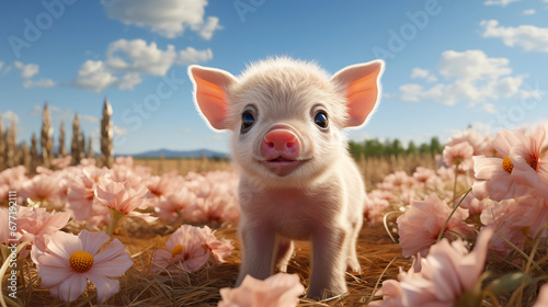 Filhote de porco rosa fofo no campo - Ilustração infantil photo