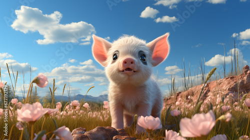 Filhote de porco rosa fofo no campo - Ilustração infantil